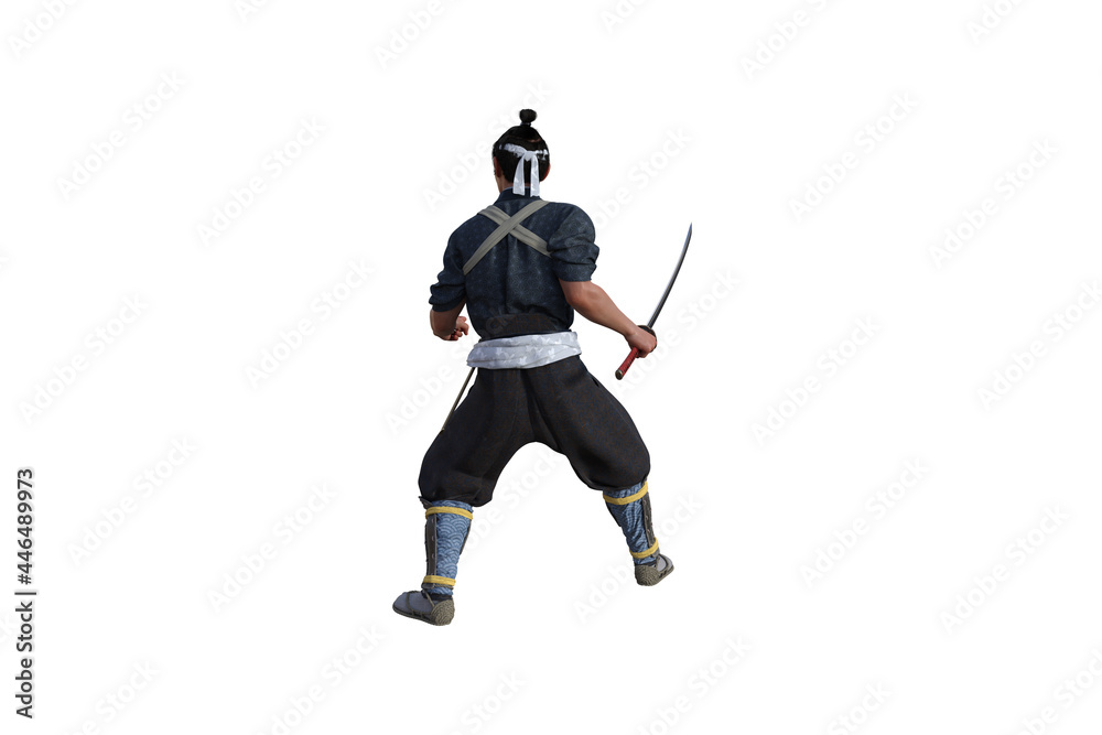 Chinese fighter poses with sword for your scenes specially for collage, isolated on white background. 3D illustration. 3D rendering. Chinese fighter poses with sword for your scenes specially for collage, isolated on white background. 3D illustration. 3D rendering.