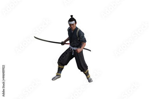 Chinese fighter poses with sword for your scenes specially for collage, isolated on white background. 3D illustration. 3D rendering. © W.S. Coda