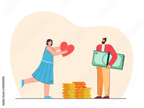 Girl giving love to rich man. Flat vector illustration. Tiny man holding giant banknotes and coins, girl handing him giant red heart. Love, wealth, values, feelings, money, unequal marriage concept