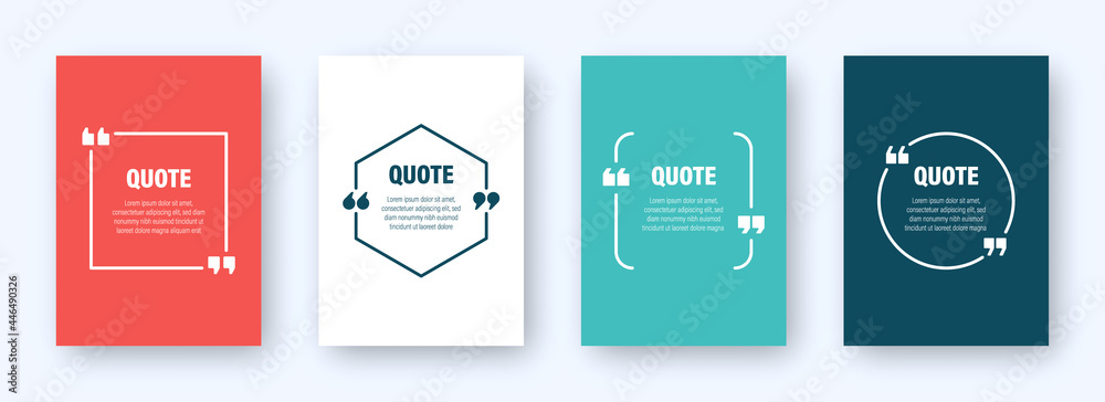 Set of colorful banners with quote frames. Speech bubbles with quotation marks. Blank text box and quotes. Blog post template. Vector illustration. - obrazy, fototapety, plakaty 