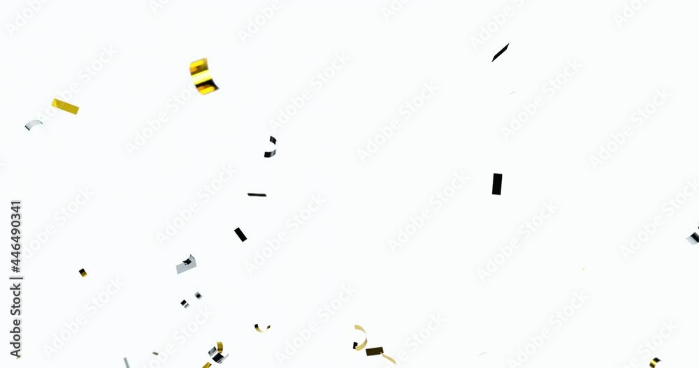Gold eonfetti explosions on a white background. Animation of gold confetti falling. 3d animation, 4K.