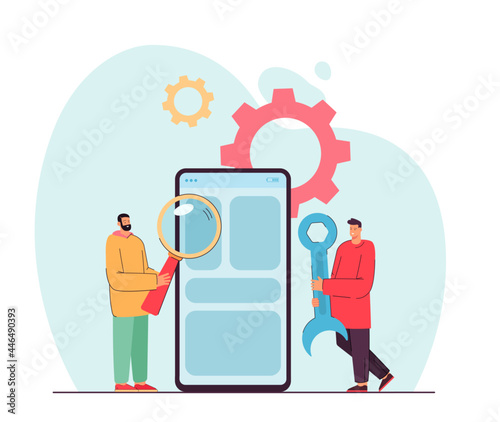 Tiny men doing maintenance on giant smartphone. Flat vector illustration. Men setting up mobile electronic device with magnifying glass, wrench. Software, repair, equipment, technology concept
