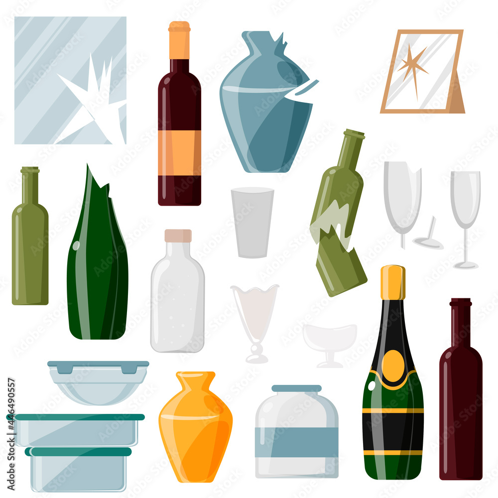 Collection of waste glass on a white background.Bottles, glasses, vases