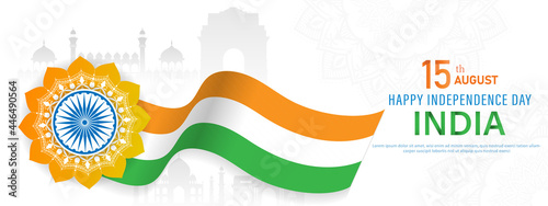 15 th August Indian Independence Day banner template design with Indian flag and silhouette of Indian monument.