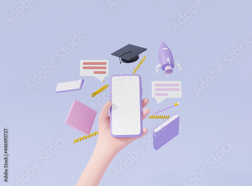3D render minimal cartoon hand holding learning online Education concept on smartphone white screen. purple background, banner website, application, page, platform