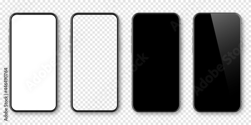 Realistic smartphone with blank touch screen on checkered background. Frameless mobile phone in front view. High quality detailed device mockup. Vector illustration.