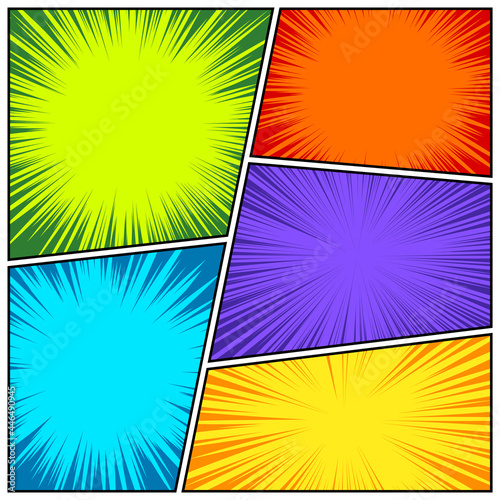 Comic book colorful radial lines collection. Cartoon comics background with motion, speed lines. Retro Pop Art style. Vector illustration. © 32 pixels