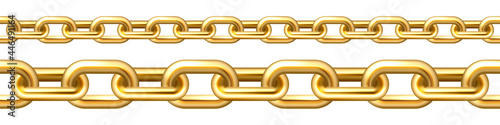 Realistic gold plated seamless metal chain with golden links isolated on white background. Vector illustration.