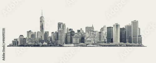 Skyline panorama of downtown Financial District and the Lower Manhattan in New York City, USA. black and white isolated on background