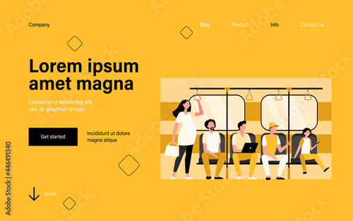 Pregnant woman standing by impolite subway train passengers. Men sitting on seats flat vector illustration. Society problems, public transport concept for banner, website design or landing web page
