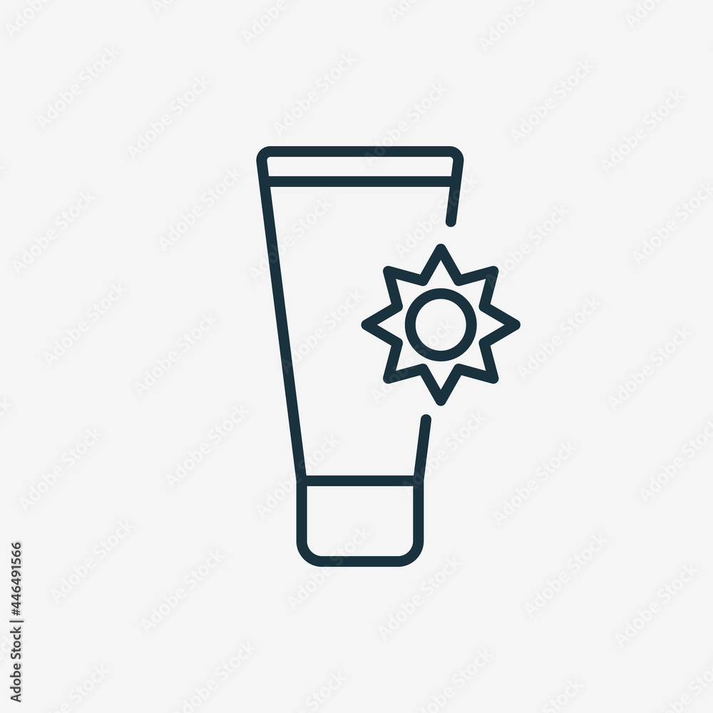 Obraz premium Sunscreen Line Icon. Tanning Product for Protect of UV. Sunblock Cream Linear Pictogram. Suntan Lotion Outline Icon. Editable Stroke. Isolated Vector Illustration