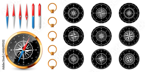 Realistic golden vintage compass with marine wind rose and cardinal directions of North, East, South, West. Shiny metal navigational compass. Cartography and navigation. Vector illustration.