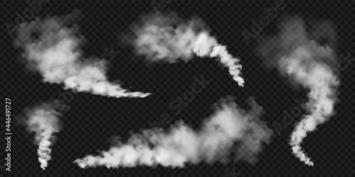 Realistic smoke clouds. Stream of smoke from burning objects. Transparent fog effect. White steam, mist. Vector design element.