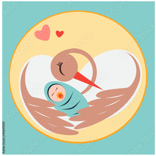Vector illustration of a stork with a baby. Birth of a child. With the birth of a boy. Stork and baby. Blue greeting card with a baby on the wings of a stork. With the birth of a boy. Baby
