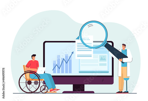 Disabled people working online flat vector illustration. Men with prostheses and in wheelchair doing research with giant magnifying glass. Opportunities, disability, job, technology, analysis concept