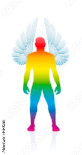 Guardian angel, male guardian spirit, rainbow gradient colored body with angel wings. Isolated vector illustration on white background.
