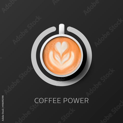 Coffee Power. Vector 3d Realistic White Porcelain, Ceramic Mug and Switch Sign. Foam Milk Coffee, Capuccino, Latte with Flower Pattern. Concept Banner with Coffee Cup in Top View. Design Template