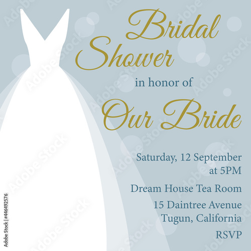 Bridal shower invitation with white dress on blue background. 