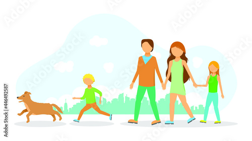 Abstract Flat Man Woman Child Dog Family Couple Cartoon People Character Concept Illustration Vector Design Style Outdoor Walking Down The Street Father And Mother, Son, Daughter City Town Clouds
