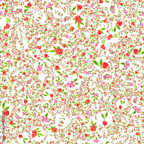 Wallpaper Mural Seamless pattern of juicy red berries green leaves of blooming flowers buds drawing with colored pencils on a white background Torontodigital.ca