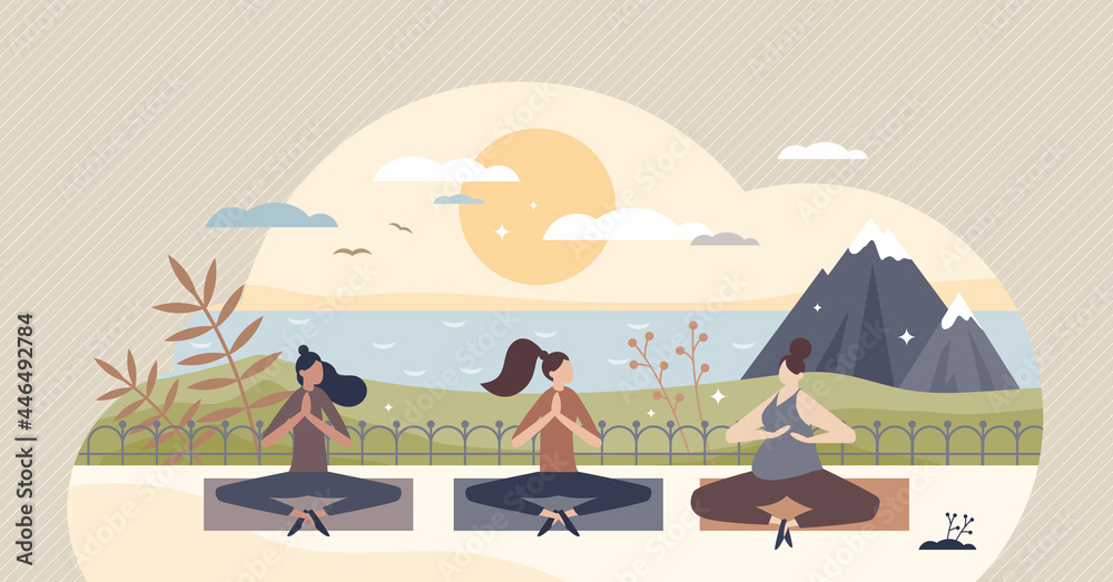 Fototapeta premium Yoga retreat and meditation group practice for body and mind wellness tiny person concept. Relaxation, breathing exercise, concentration and mindful balance together in sunset vector illustration.