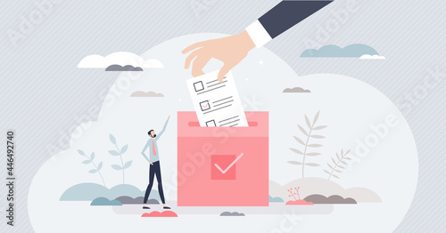 Election and voting with citizens choice in referendum tiny person concept. Democracy process with community decision counting campaign vector illustration. Independence or public revolution event.