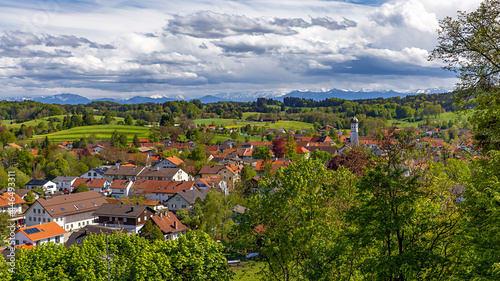 Panoramic view of the city of Andechs from the mountain, where the Andechs monastery is located, Ammersee, Bavaria, Germany.