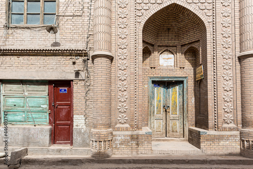 Chinese uighur mosque entrance in Kashgar, Xinjiang, China photo