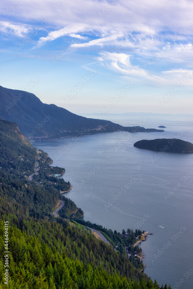 Sea to Sky Hwy viewed from Tunnel Bluffs Hike, in Howe Sound, North of Vancouver, British Columbia, Canada. Canadian Mountain Landscape View from the Peak during sunny summer sunset.
