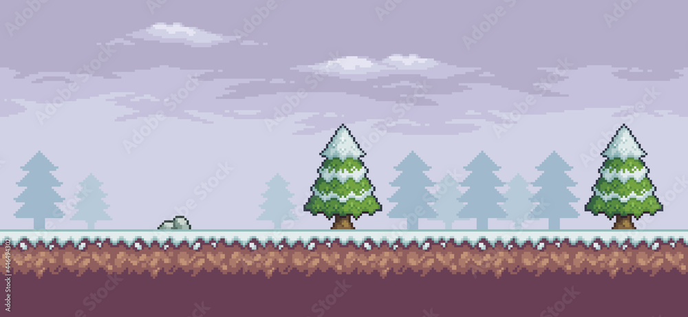 Pixel art game scene in snow with pine trees and clouds 8bit background
