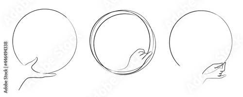 Set of hand drawn circle logos with different hand gesture