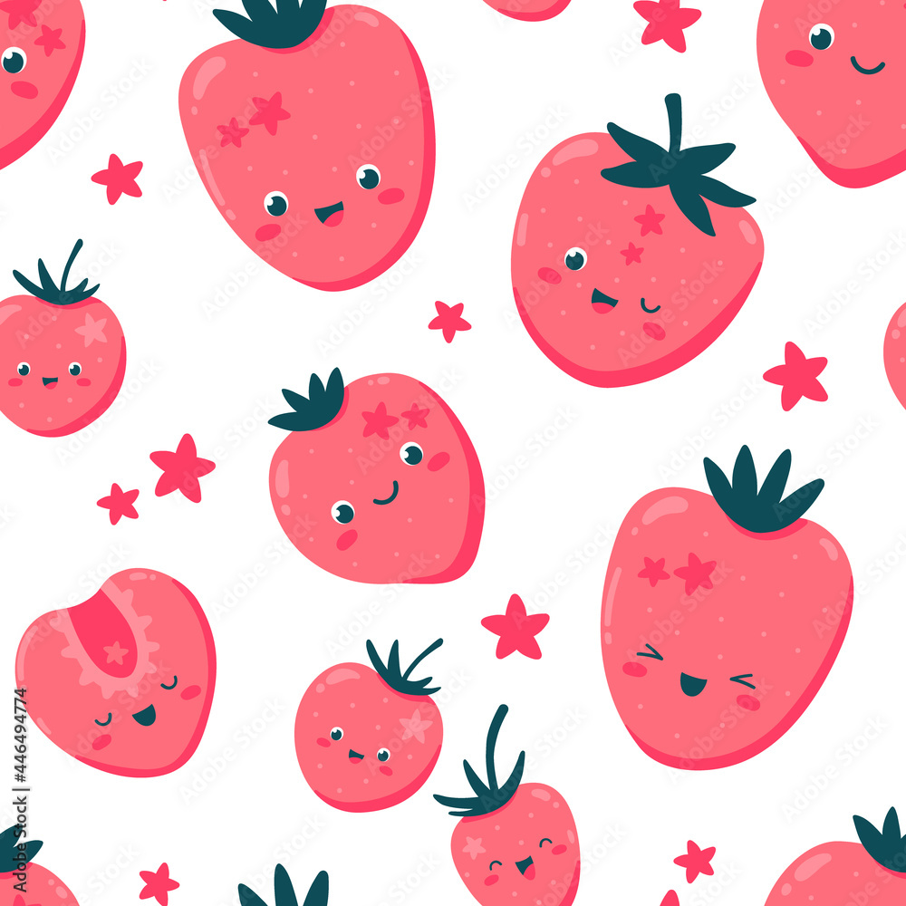 Vector seamless pattern with cute kawaii strawberries