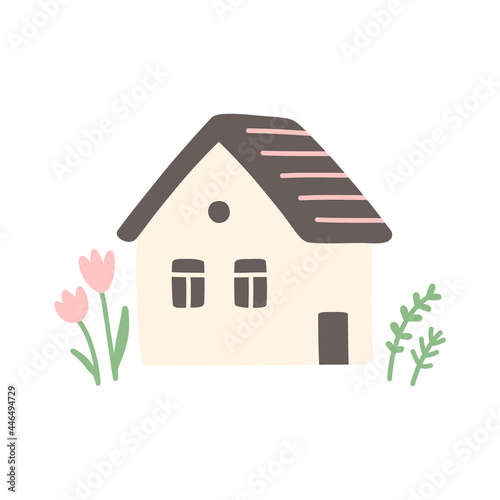 Cozy house with flowers, leaves and branches. Vector print illustration isolated on white background.