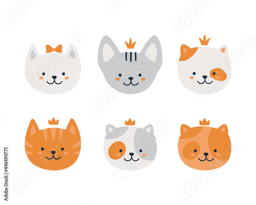 Fototapeta Naklejka Na Ścianę i Meble -  Set of 6 vector cats. Ginger tabby, spotted cat and gray sphinx. Cute baby characters for design, print and more