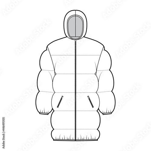 Down puffer jacket coat technical fashion illustration with hoody collar, zip-up closure, pockets, oversized, thigh length. Flat template front, white color style. Women, men, unisex top CAD mockup