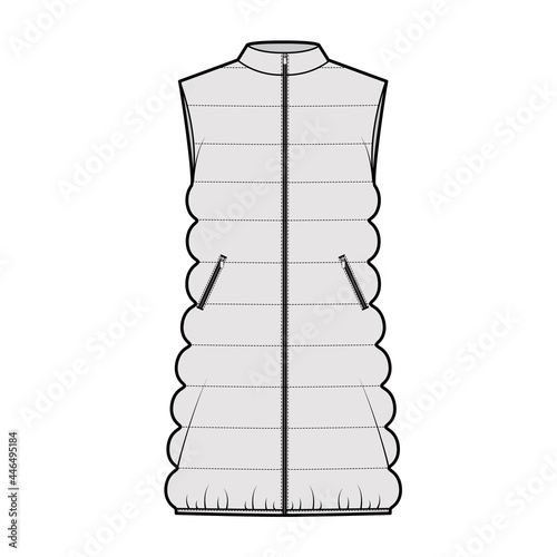 Down vest puffer waistcoat technical fashion illustration with sleeveless, stand collar, zip-up closure, loose body, thigh length. Flat template front, grey color style. Women, men, unisex CAD mockup