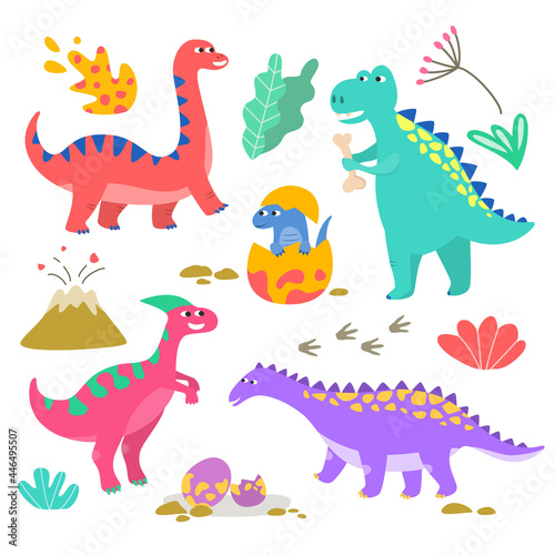 Set of colorful cartoon dinosaurs. © Evgeniya M