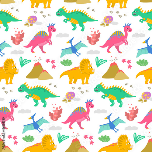 Seamless pattern with colorful cartoon dinosaurs. © Evgeniya M