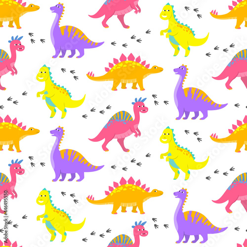 Seamless pattern with colorful cartoon dinosaurs.