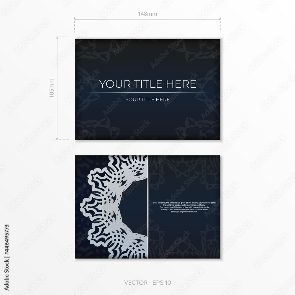 Dark blue postcard template with white abstract ornament. Elegant and classic vector elements are great for decoration. Dark blue postcard template with white abstract ornament. Elegant and classic vector elements are great for decoration.