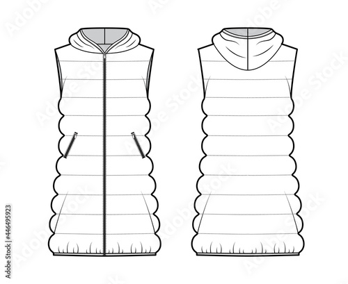 Down vest puffer waistcoat technical fashion illustration with hoody collar, zip-up closure, loose body, classic quilting. Flat template front, back, white color style. Women men unisex top CAD mockup