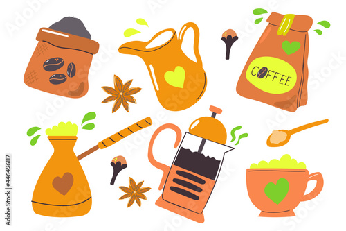 Big set for making coffee, cup, turk, French press, coffee package, pot with cream. Flat illustration.