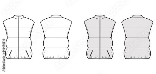 Down vest puffer waistcoat technical fashion illustration with sleeveless, stand collar, pockets, oversized, wide quilting. Flat front, back, white, grey color style. Women, men, unisex top CAD mockup