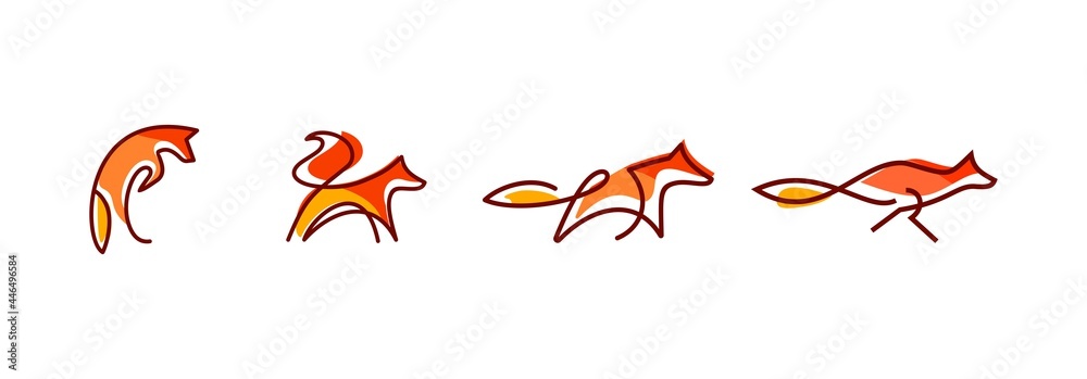 Fototapeta premium fox wall art design, line art of abstract orange fox jumping and running, minimal foxes line logo set collection illustration isolated on white background