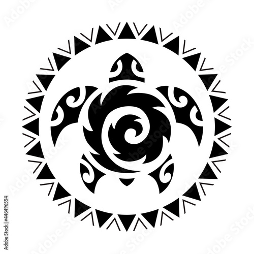 Sea turtle in the Maori style. Tattoo sketch round circle ornament. Turtle logo, symbol, emblem.