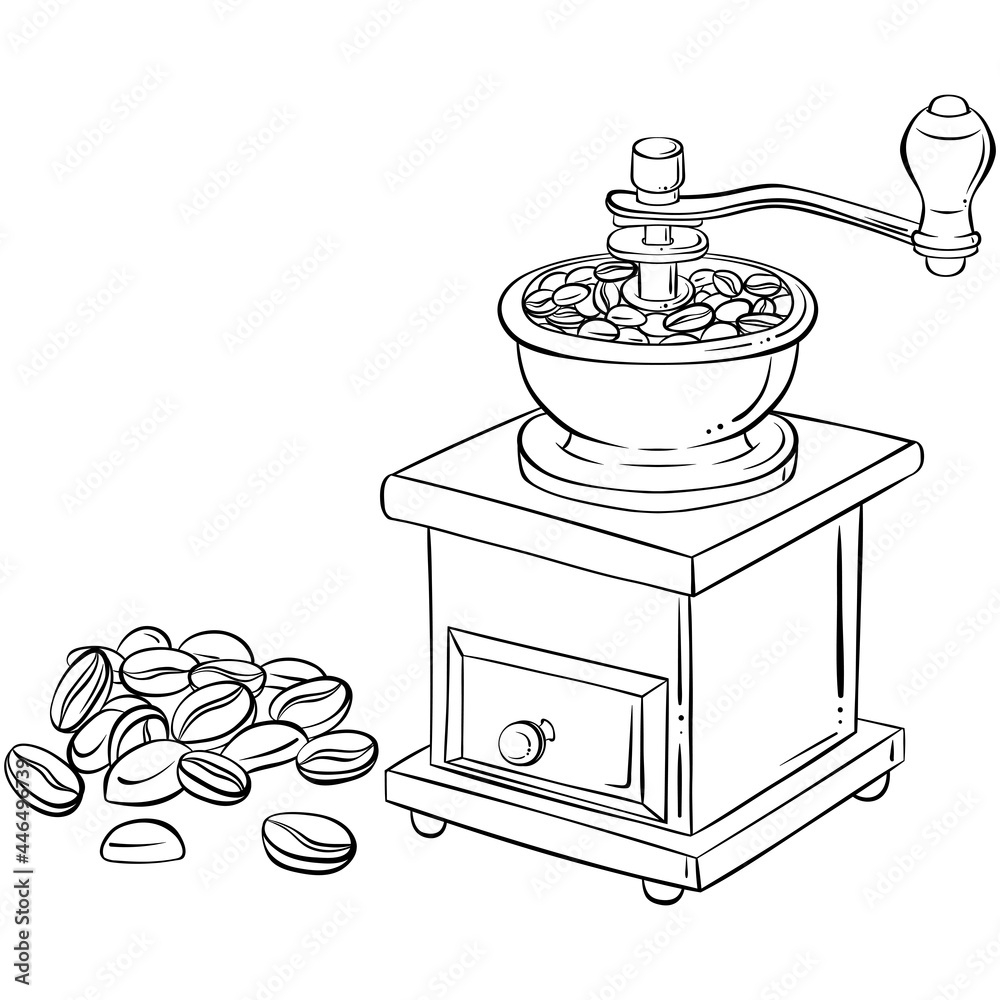Retro manual coffee grinder or mill. Hand drawn vector illustration in