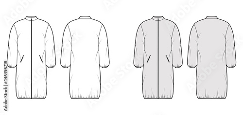 Hooded jacket puffer coat technical fashion illustration with long sleeves, stand collar, pockets, knee length. Flat template front, back, white, grey color style. Women, men, unisex top CAD mockup
