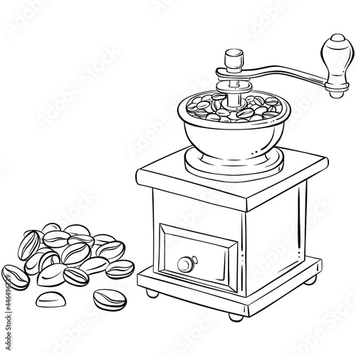 Retro manual coffee grinder or mill. Hand drawn vector illustration in sketch style isolated on white. Element for design of menus, cafes, restaurants, coffee houses, bakeries
