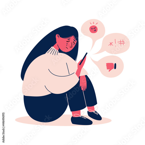 Teenage bullying. The girl is being bullied by schoolchildren. Cyberbullying of a person. The girl sits and cries from negative comments from society. Sadness, stress, anxiety. Vector flat illustratio