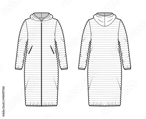 Hooded jacket Down puffer coat technical fashion illustration with long sleeves, pockets, knee length, narrow quilting. Flat template front, back, white color style. Women, men, unisex top CAD mockup